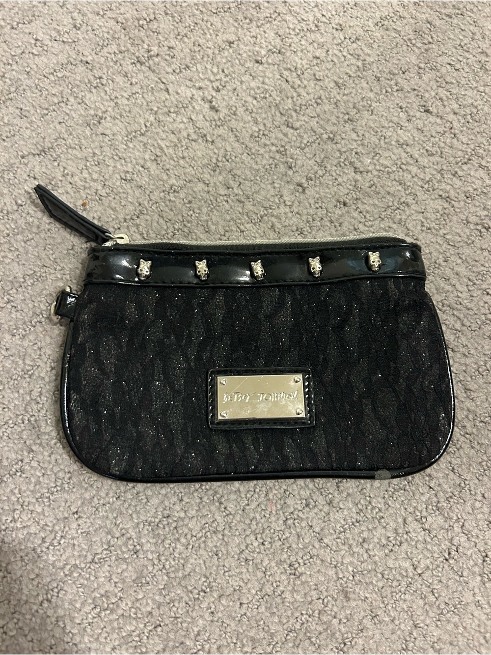 Betsey Johnson Black Glitter Wallet with Skull Accents